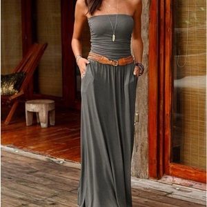 Bandeau olive maxi dress with pockets
